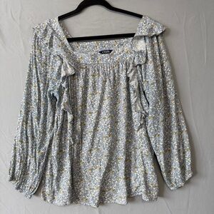 Chaps Womens Floral Ruffle Front Blouse Size M Square Neck Cottagecore Spring